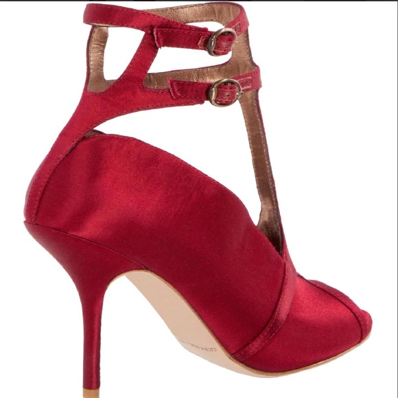 NEW LEON MAX PIKA SATIN & LEATHER WRAP PEEP TOE PUMPS in Bordeaux Size 7 NWOB - Picture 8 of 12